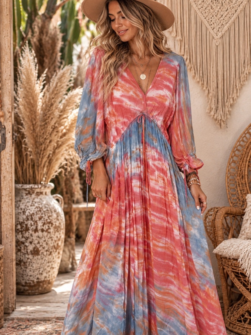 Young Fabulous & Broke womans Tie-Dye V-Neck Maxi Dress — Pink & Blue size L